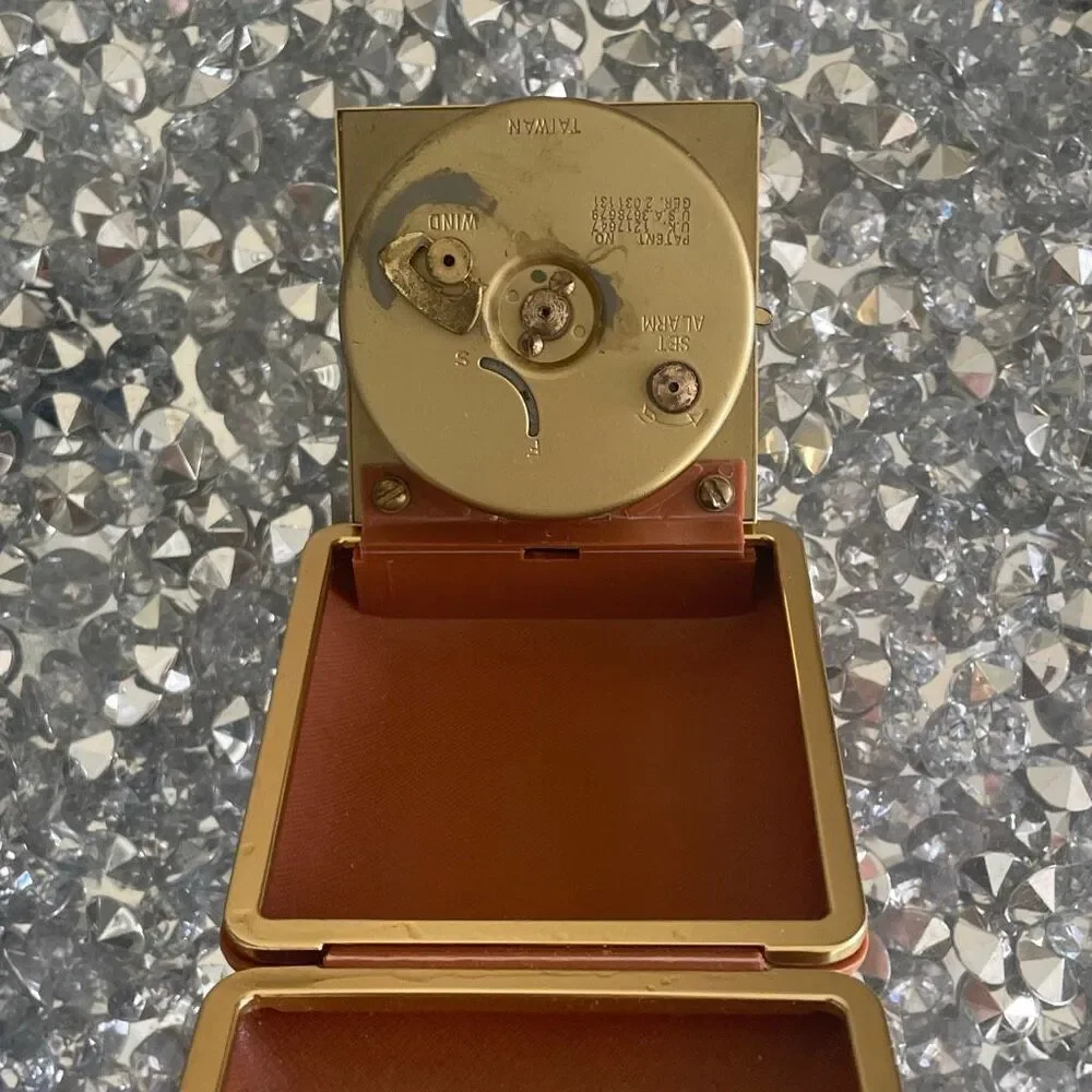 Vintage old Taiwan Equity Folding Travel Alarm Clock Illuminated Hands Wind Up
